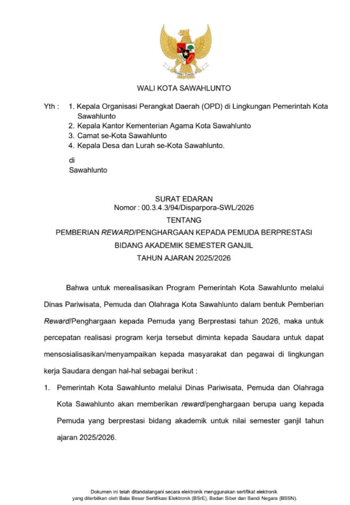 Sawahlunto Luncurkan Program Penghargaan Mahasiswa Berprestasi 2026
