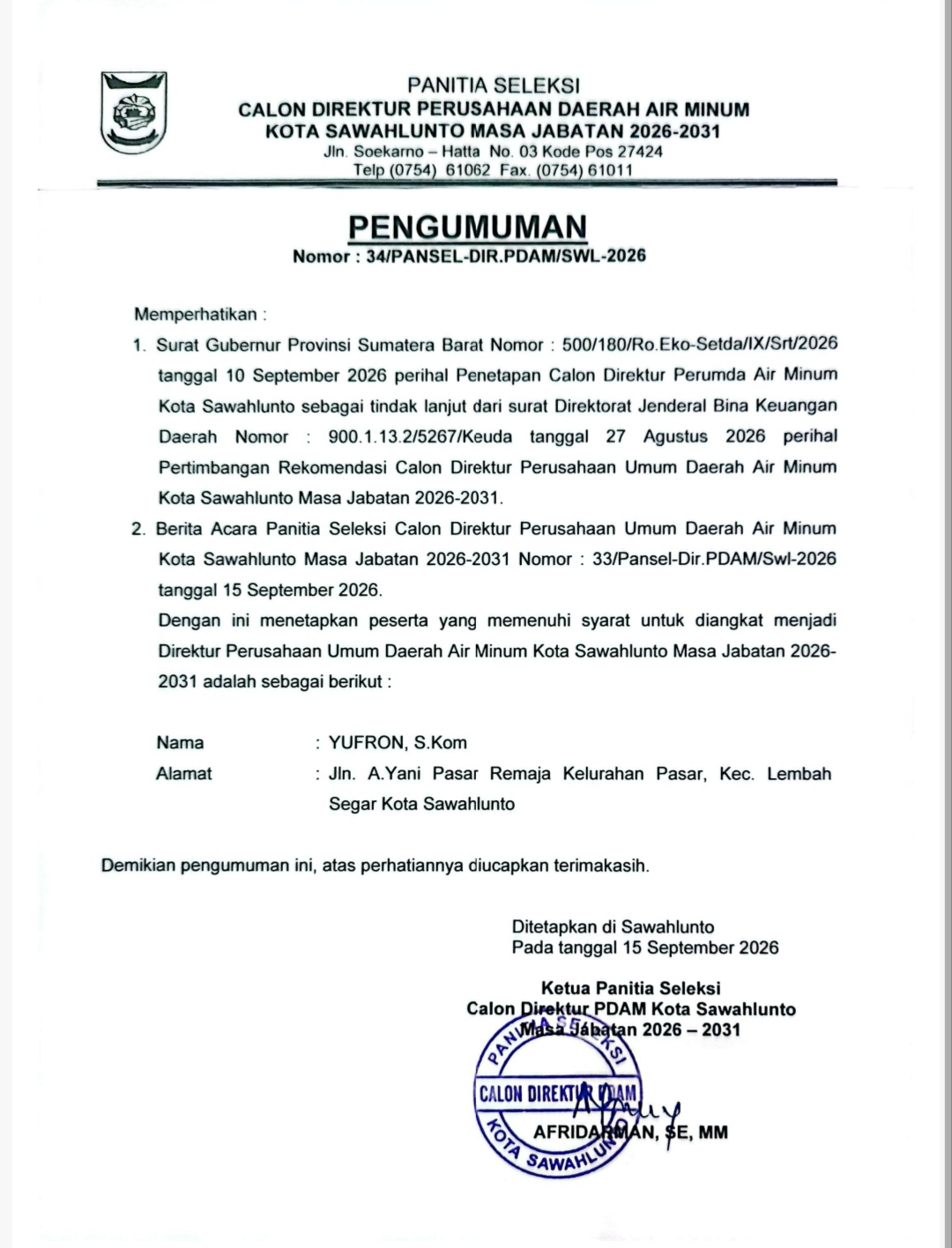 Yufron Resmi Ditetapkan sebagai Direktur Perumda Air Minum Kota Sawahlunto Periode 2026–2031