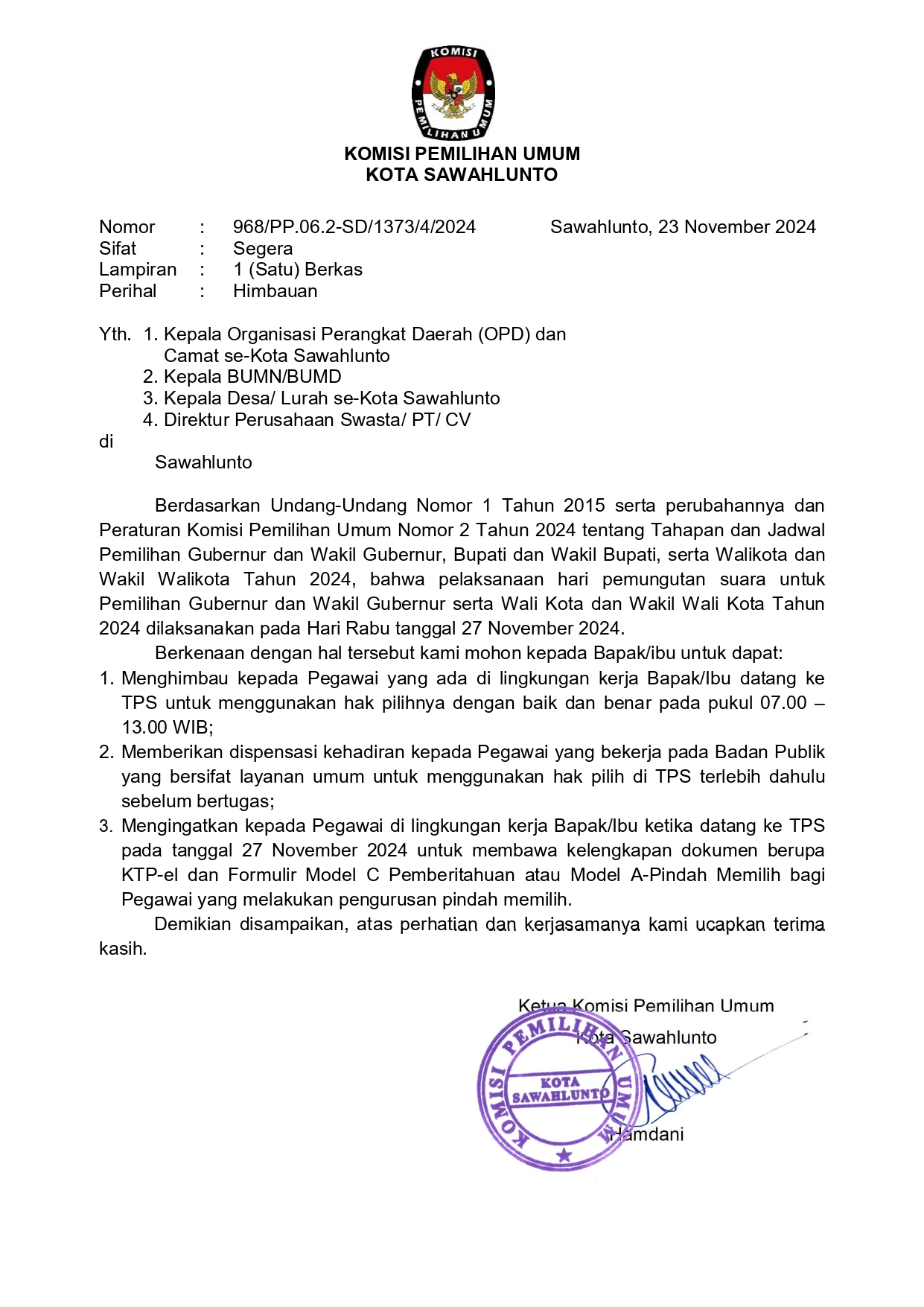 Himbauan kepada OPD, BUMN,BUMD untuk menggunakan hak pilih