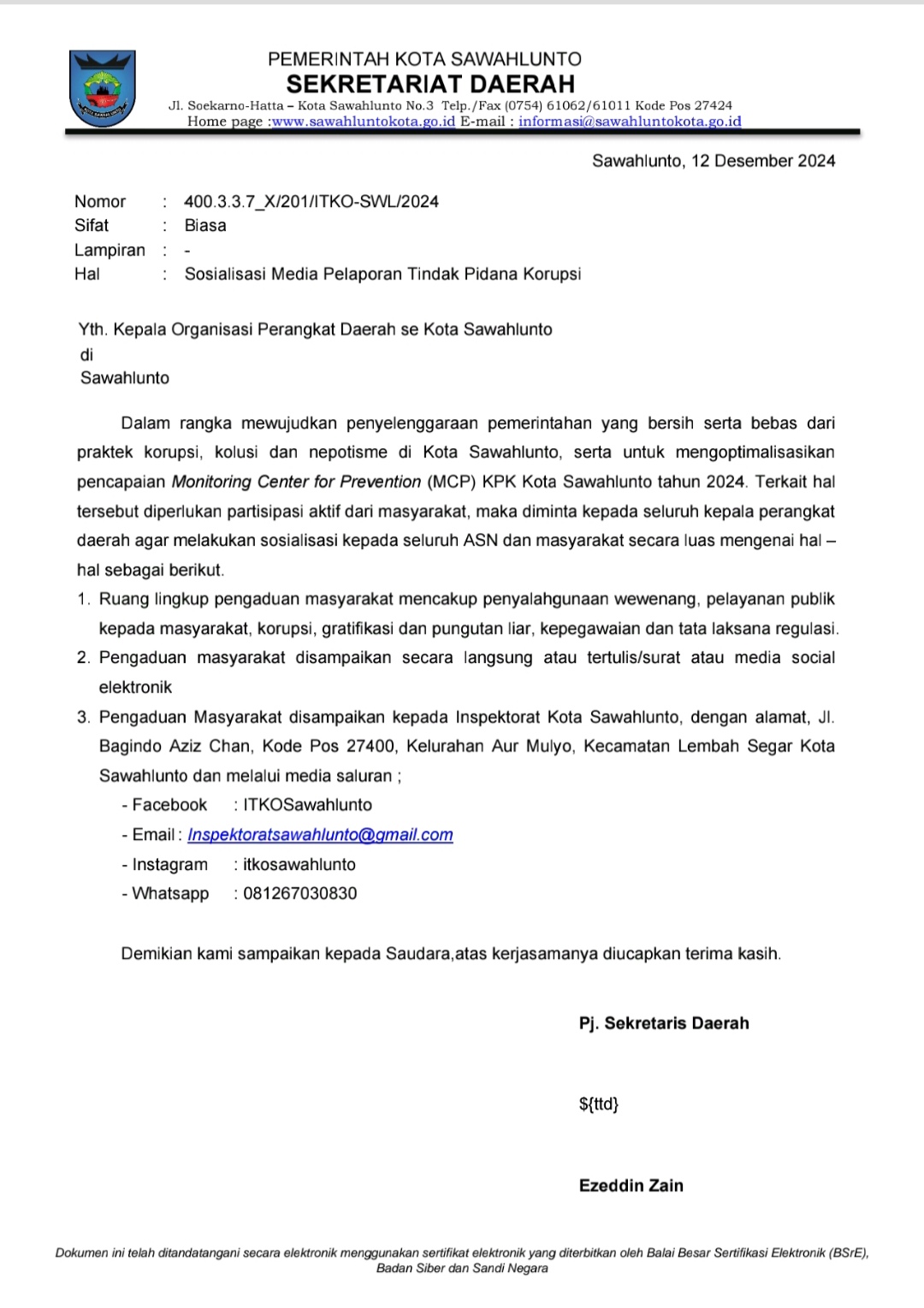 Inspektorat Kota Sawahlunto adakan Sosialisasi Media Pelaporan Tindak Korupsi