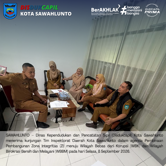 Tingkatkan Kualitas Pelayanan dan Integritas Birokrasi, Disdukcapil Kota Sawahlunto Terima Pembinaan Zona Integritas dari Inspektorat Daerah Kota Sawahlunto