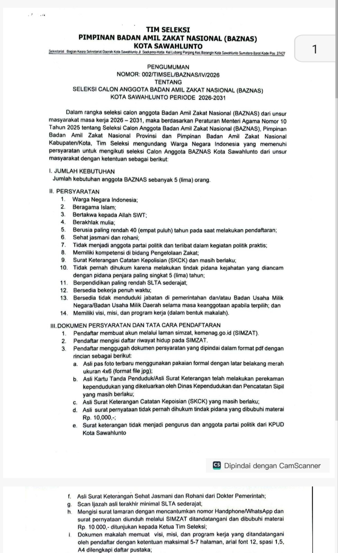 Pemko Sawahlunto Buka Seleksi Calon Pimpinan BAZNAS Periode 2026-2031