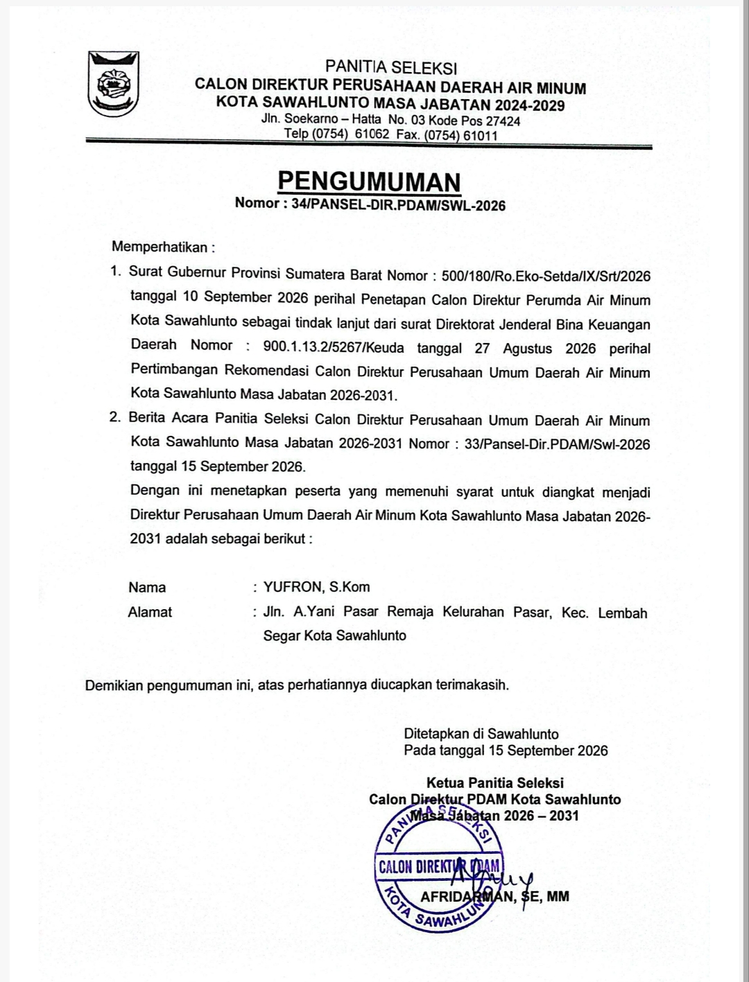 Pemko Sawahlunto Tetapkan Yufron, S.Kom sebagai Direktur Perumda Air Minum Masa Jabatan 2026–2031
