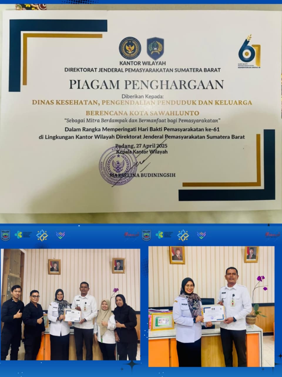 Dinkes PPKB Sawahlunto Raih Penghargaan sebagai Mitra Berdampak dari Kanwil Pemasyarakatan Sumbar