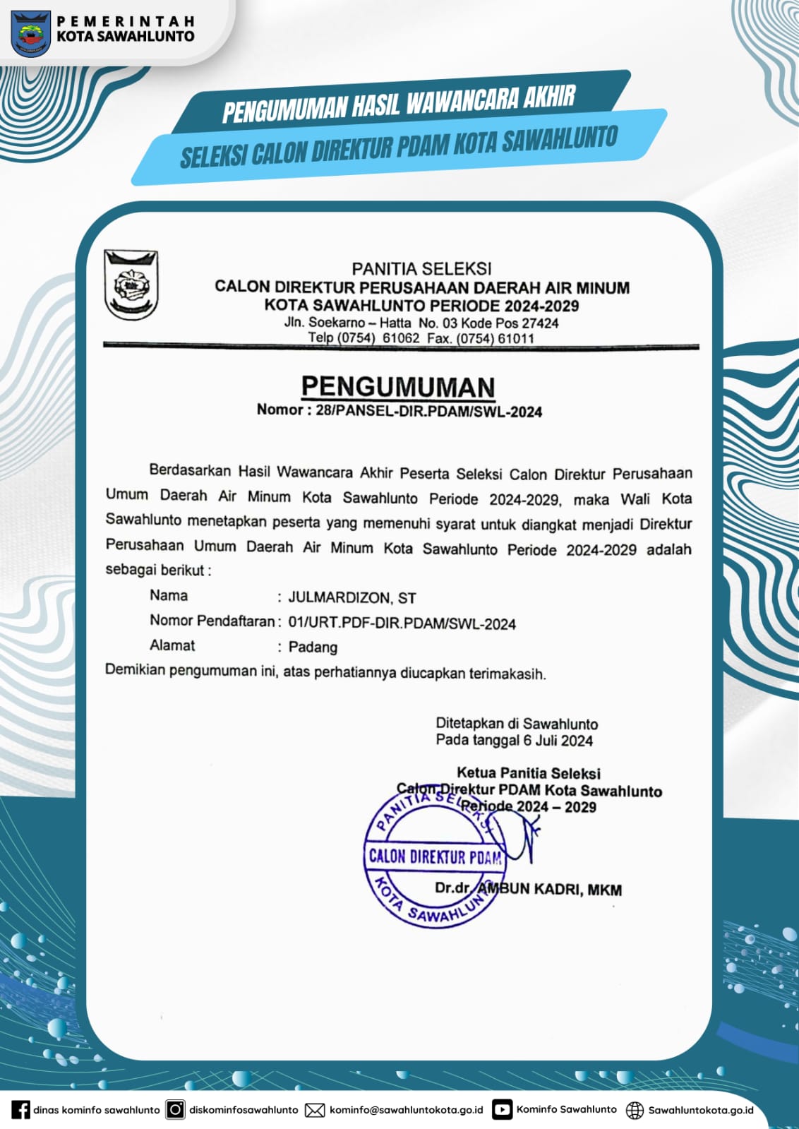 Pengumuman Direktur PDAM Kota Sawahlunto periode 2024-2029