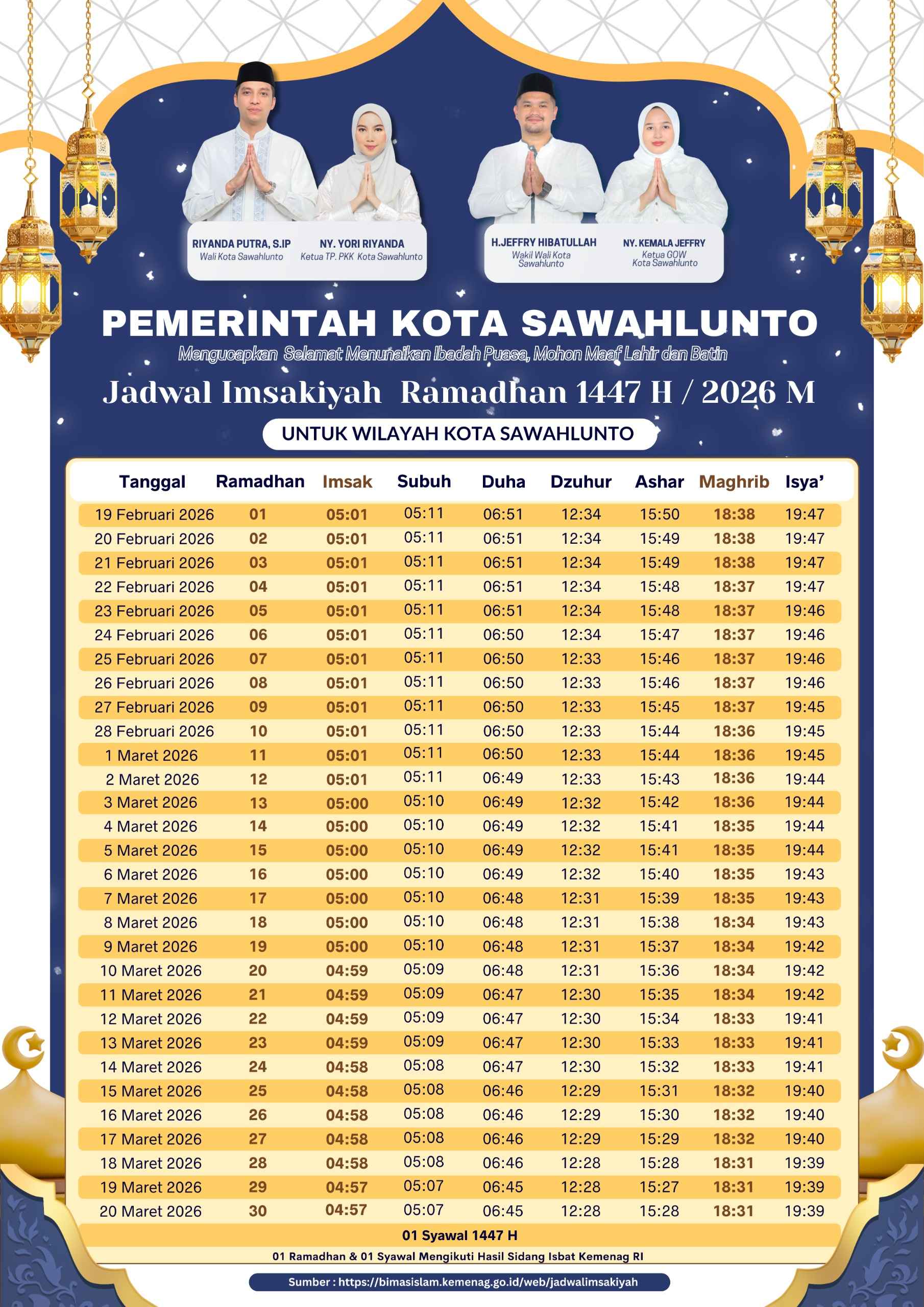 Imsakiyah Ramadhan 1447H/2026H Pemerintah Kota Sawahlunto