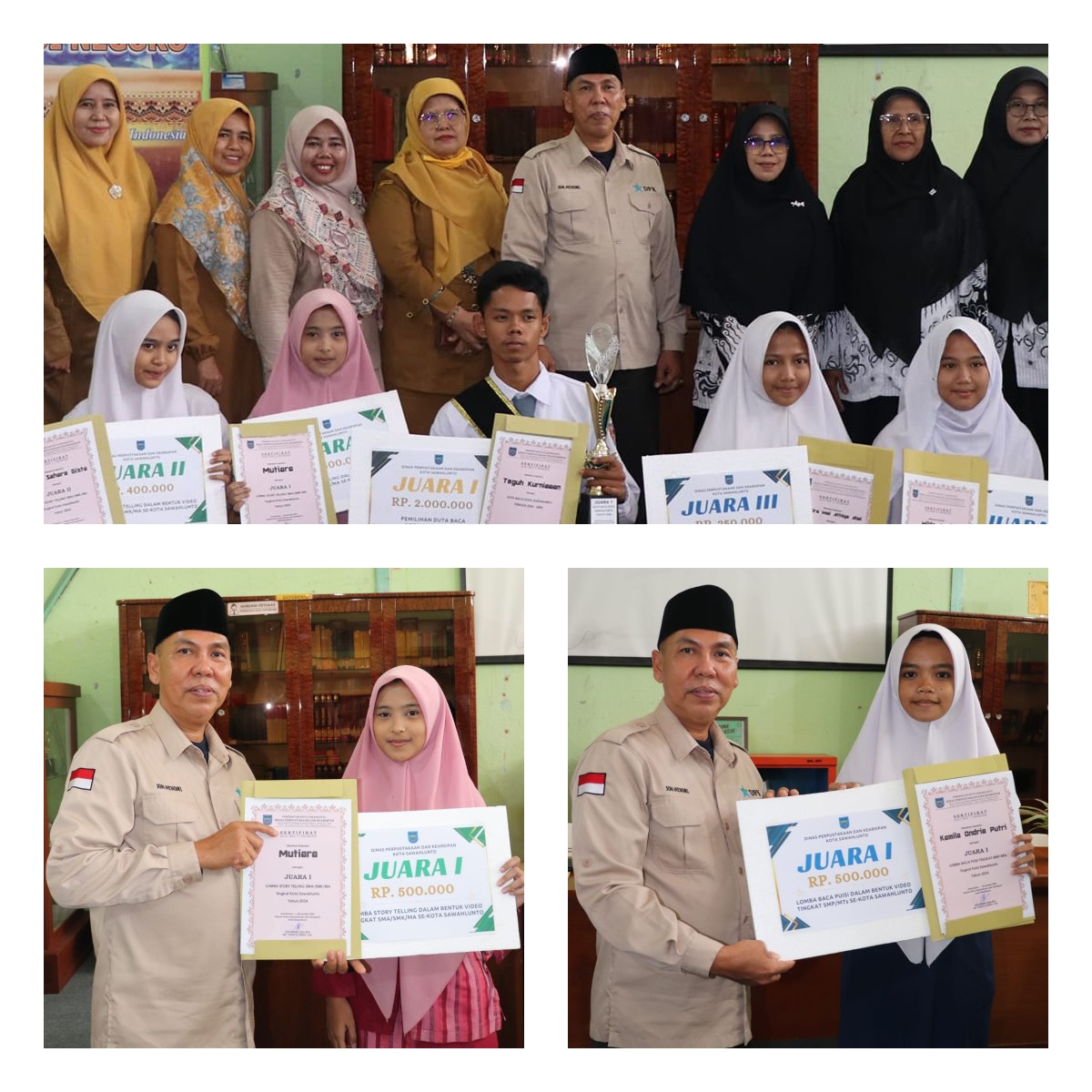 Penyerahan hadiah Lomba Story Telling tingkat SLTA se-Kota Sawahlunto dan Lomba Deklamasi Puisi tingkat  SLTP se-Kota Sawahlunto.
