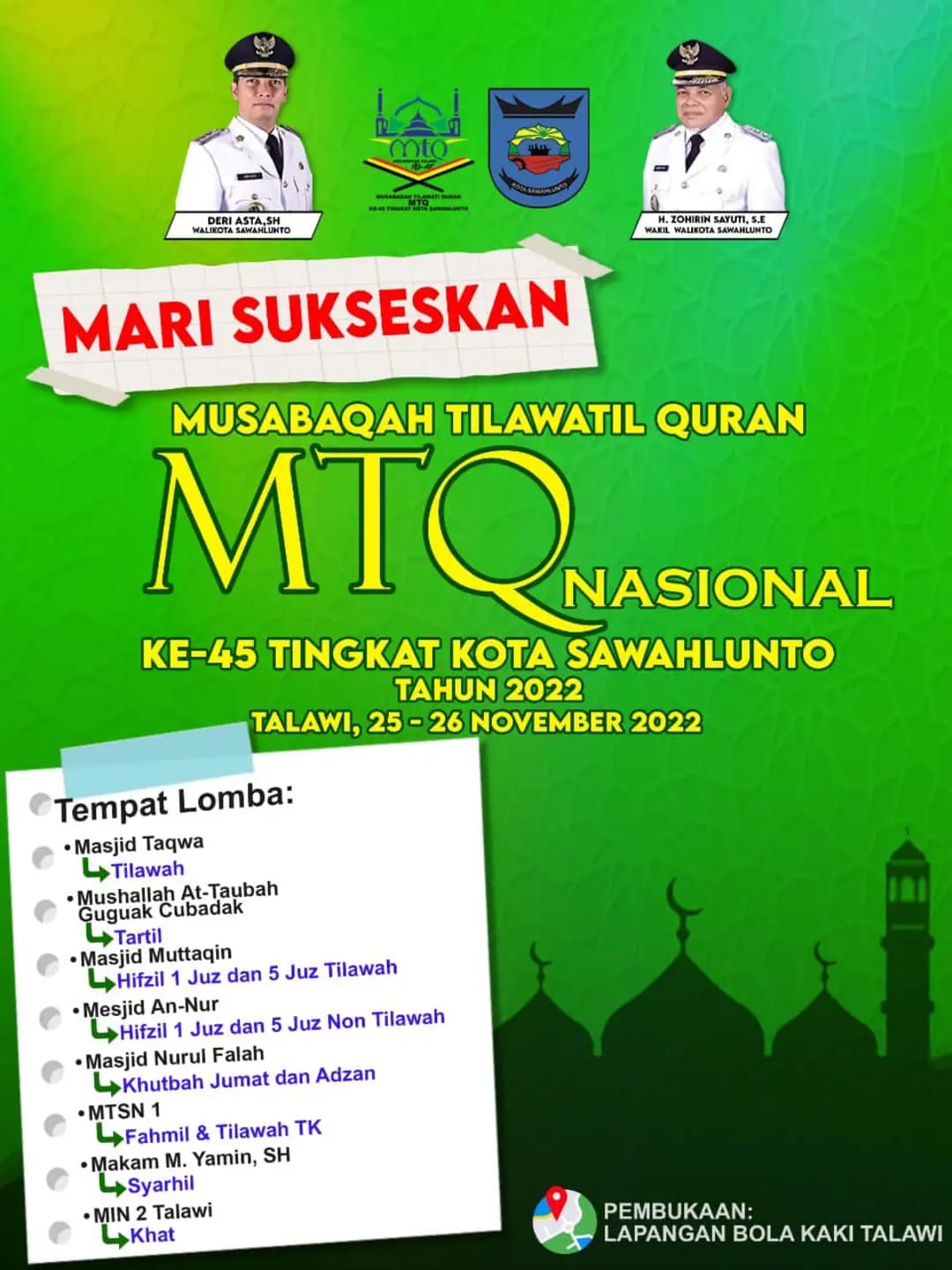 MTQ Nasional Ke-45 Tingkat Kota Sawahlunto diadakan di Kecamatan Talawi